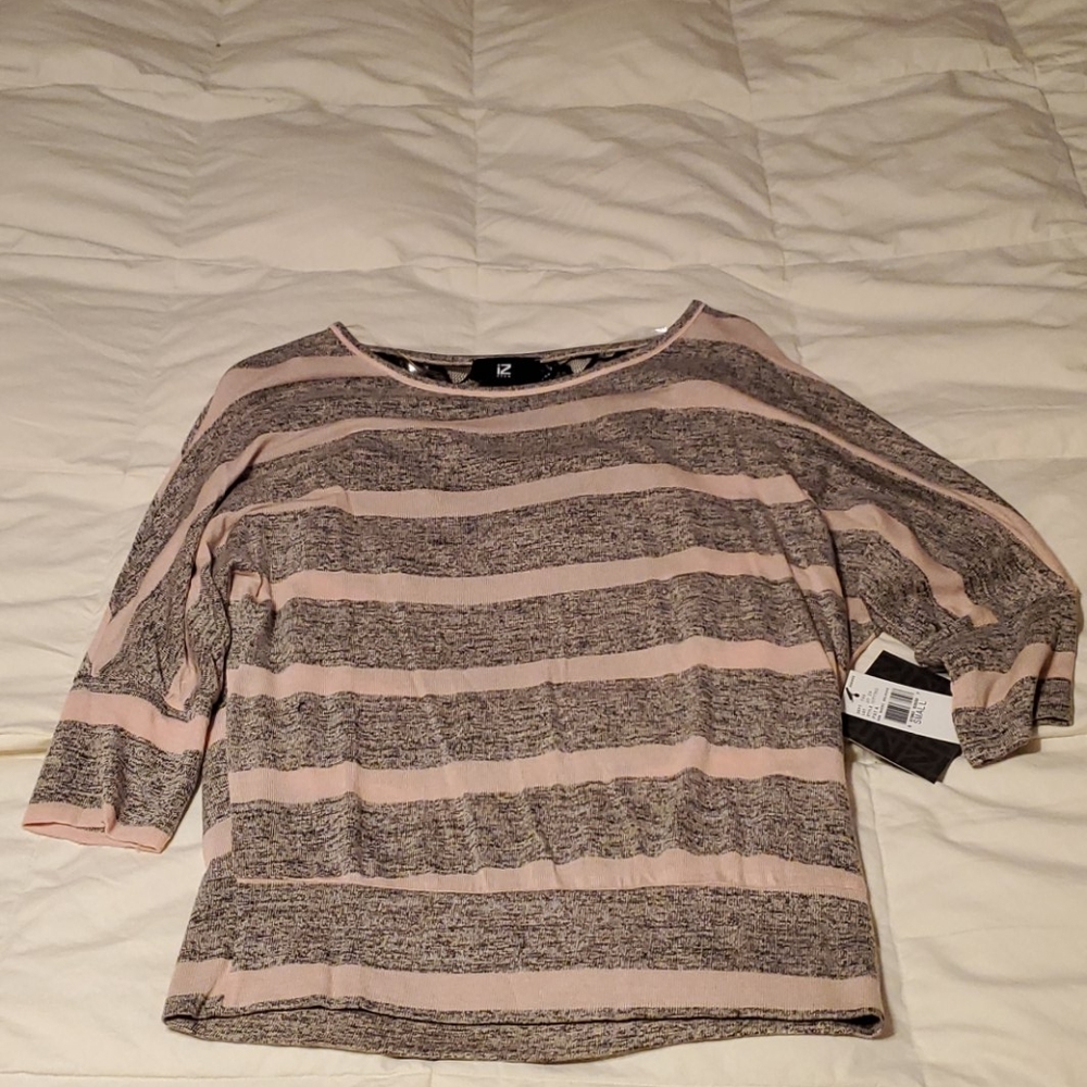 IZ Byer Small blouse gray &peach stripes 3/4 sleeves Back Cutout Lace Accent NWT